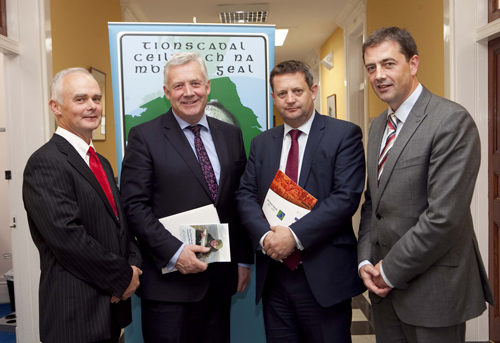 Minister Fergus O’Dowd (centre) and Welsh Government Minister Alun Davies reviewing progress on the Celtic Sea Trout Project with Dr. William Roche (left) and Dr. Cathal Gallagher (right) from Inland Fisheries Ireland